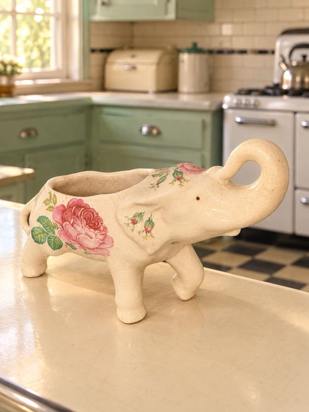 Vintage Japanese Ceramic Elephant Flower Pot Planter, 9” Wide 5.5” Tall